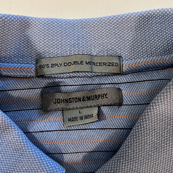 Johnston & Murphy Short Sleeve Light Blue With Black & Coral stripes Polo Sz Lg - Picture 7 of 9